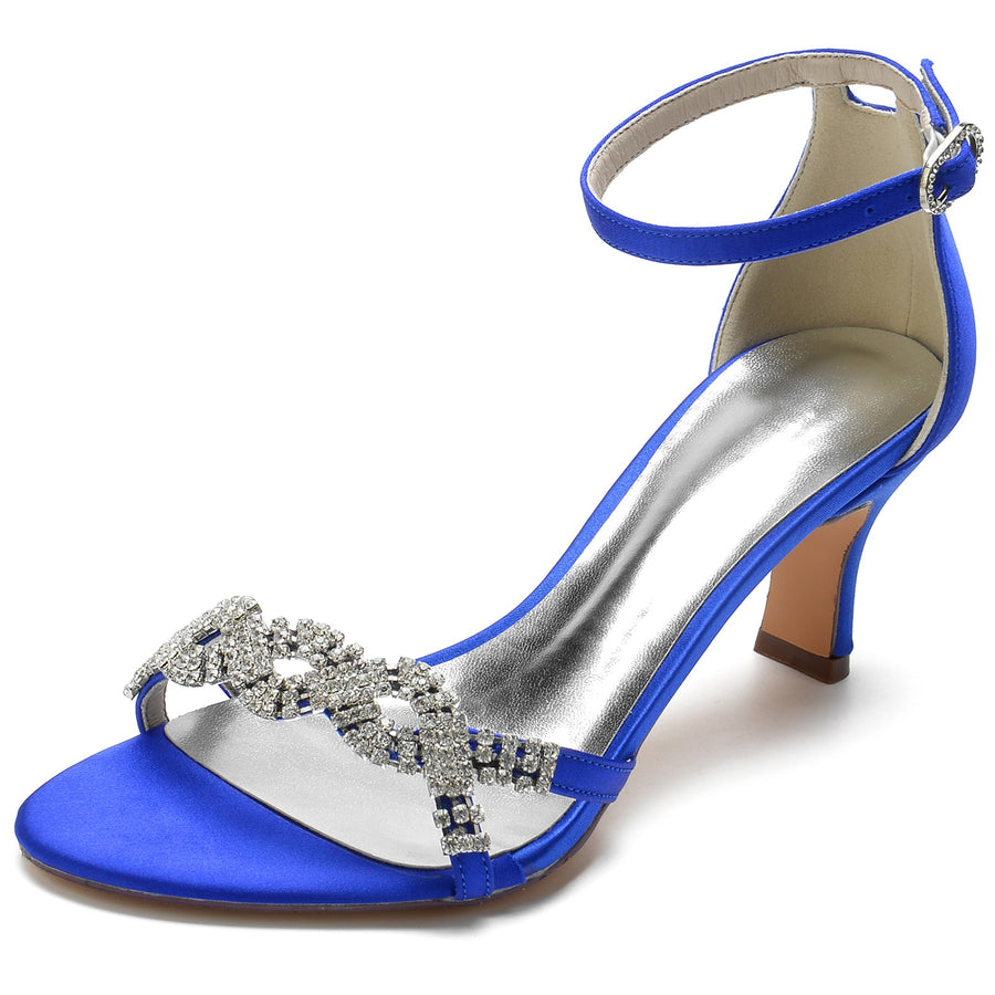 Damen Seidensatin Knöchelriemen mit Strass Peep Toe Spool Heel Party Schuhe