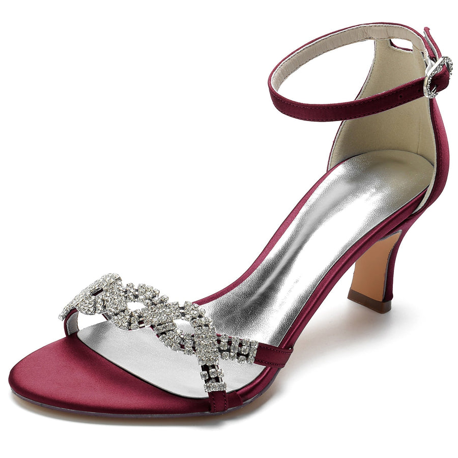 Damen Seidensatin Knöchelriemen mit Strass Peep Toe Spool Heel Party Schuhe