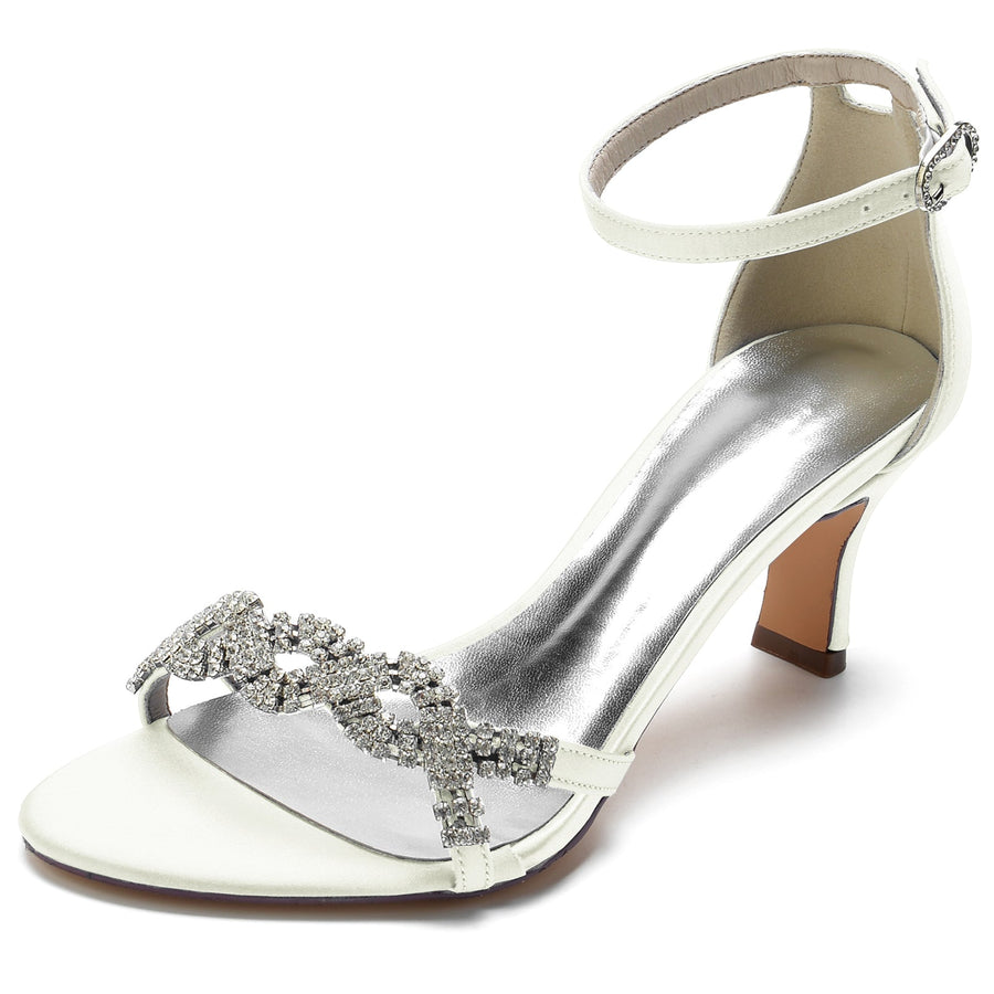 Damen Seidensatin Knöchelriemen mit Strass Peep Toe Spool Heel Party Schuhe