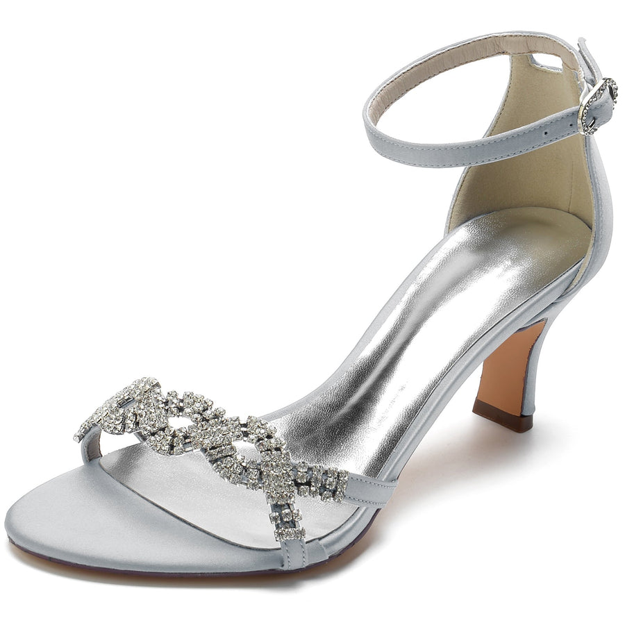 Damen Seidensatin Knöchelriemen mit Strass Peep Toe Spool Heel Party Schuhe