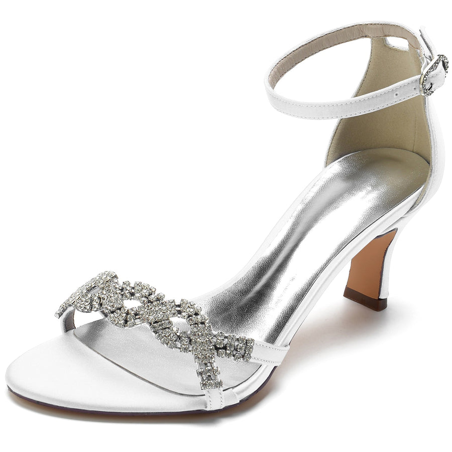 Damen Seidensatin Knöchelriemen mit Strass Peep Toe Spool Heel Party Schuhe