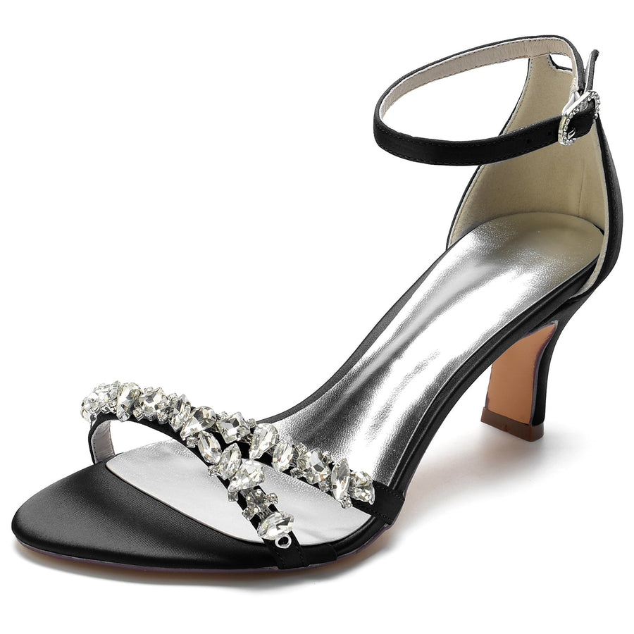 Damen Seidensatin Mit Knöchelriemen Peep Toe Spool Heel Strass Party Schuhe