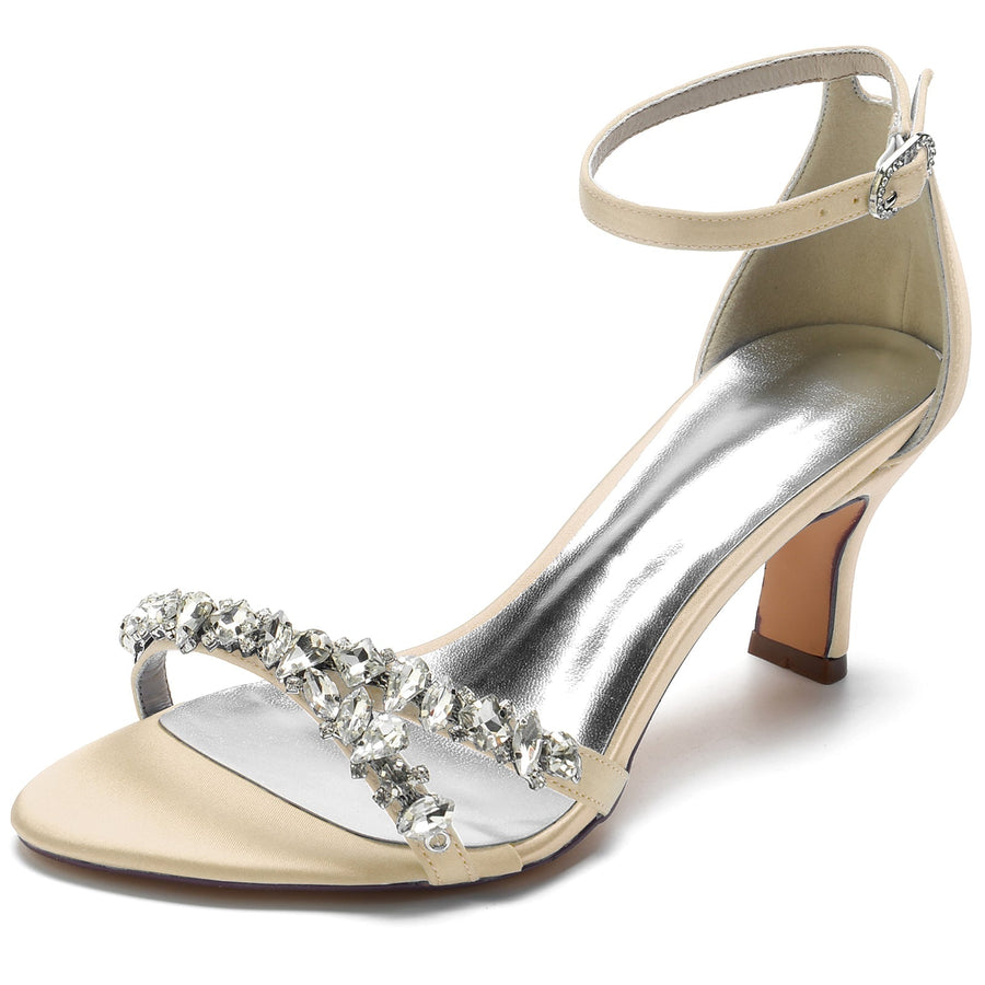 Damen Seidensatin Mit Knöchelriemen Peep Toe Spool Heel Strass Party Schuhe