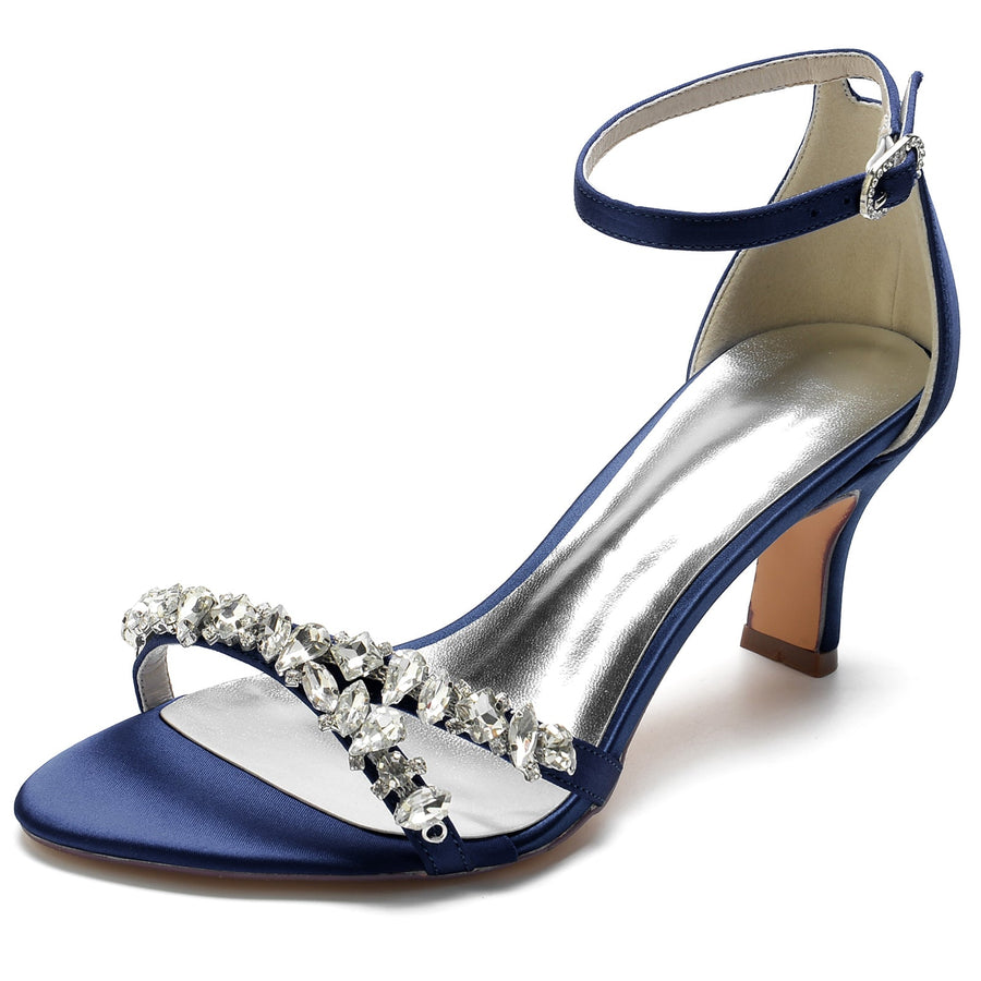 Damen Seidensatin Mit Knöchelriemen Peep Toe Spool Heel Strass Party Schuhe
