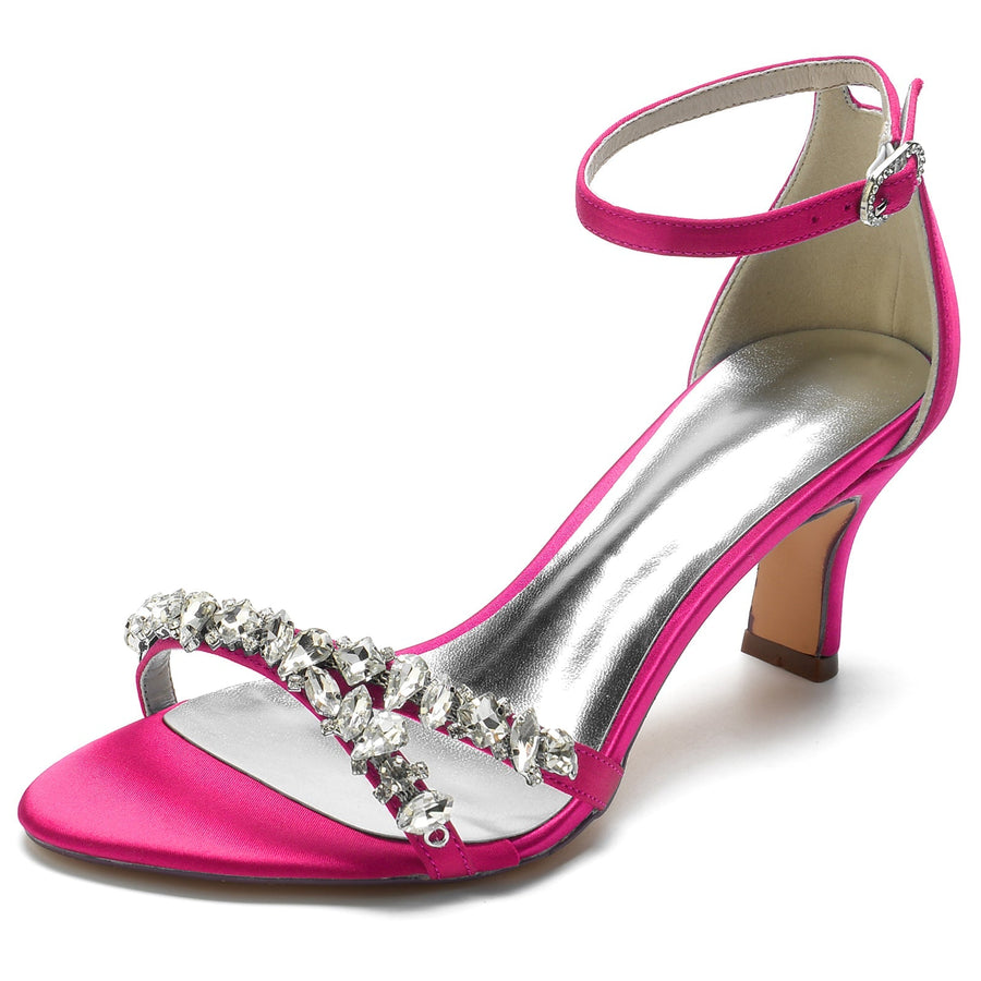 Damen Seidensatin Mit Knöchelriemen Peep Toe Spool Heel Strass Party Schuhe