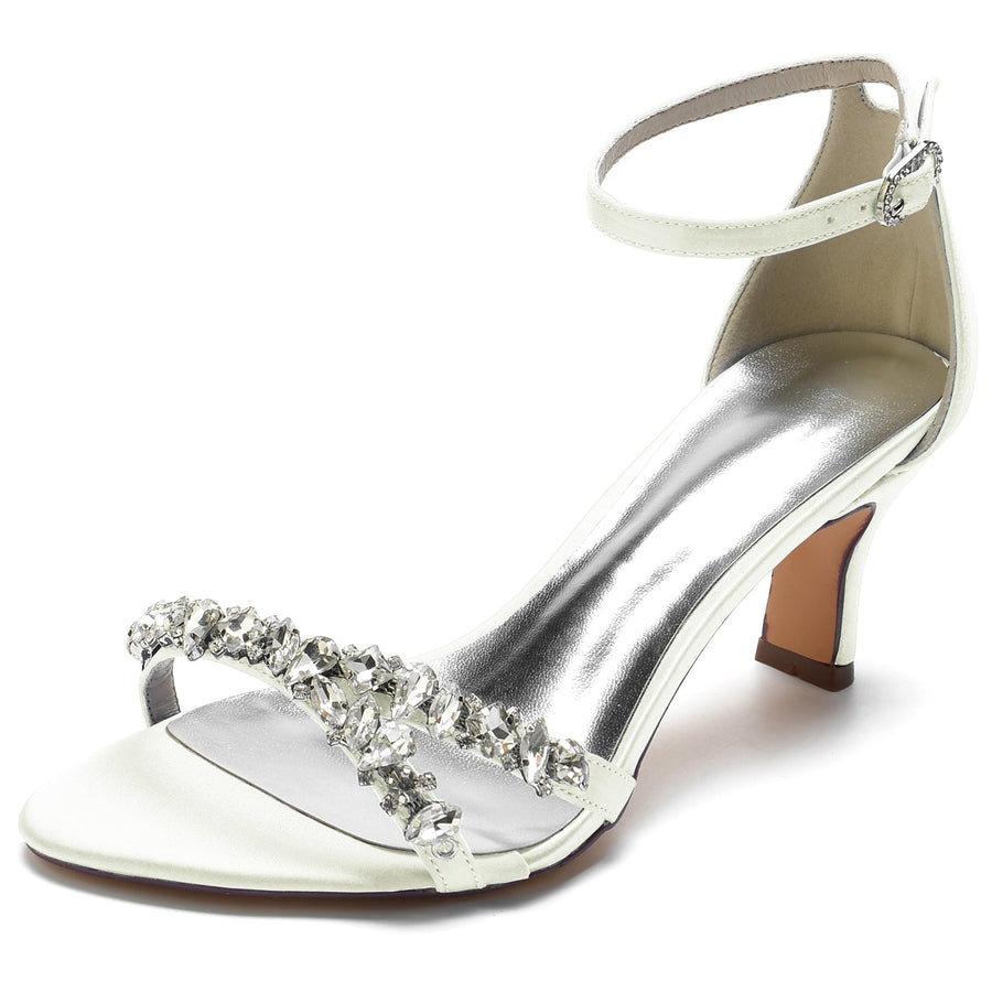 Damen Seidensatin Mit Knöchelriemen Peep Toe Spool Heel Strass Party Schuhe
