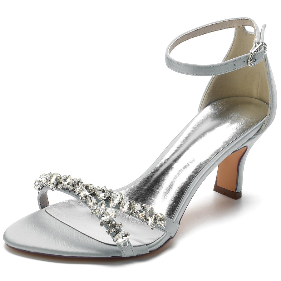 Damen Seidensatin Mit Knöchelriemen Peep Toe Spool Heel Strass Party Schuhe