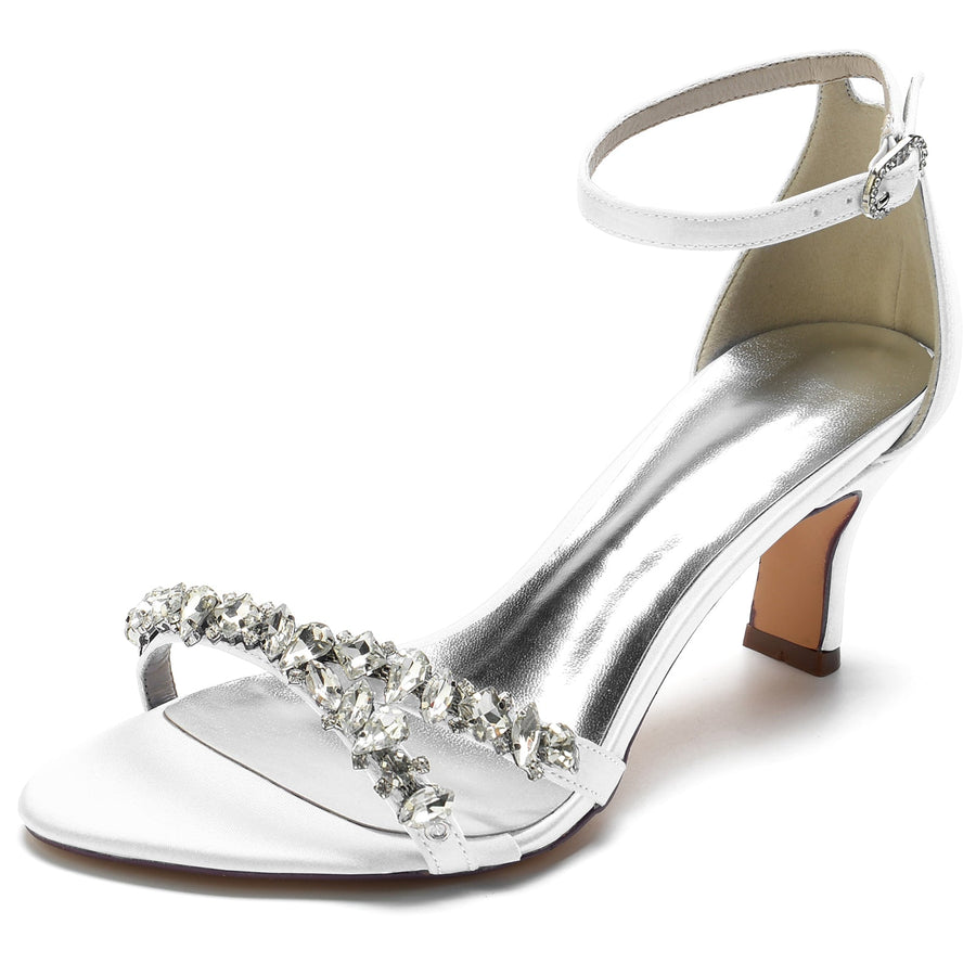 Damen Seidensatin Mit Knöchelriemen Peep Toe Spool Heel Strass Party Schuhe