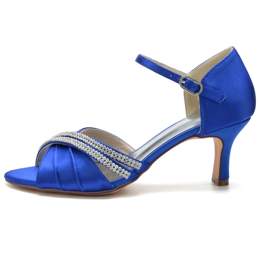 Damen Seidensatin mit Strass Knöchelriemen Peep Toe Spool Heel Party Schuhe