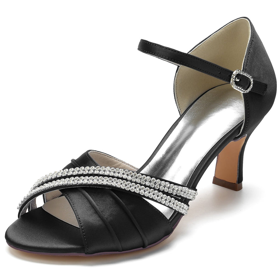 Damen Seidensatin mit Strass Knöchelriemen Peep Toe Spool Heel Party Schuhe