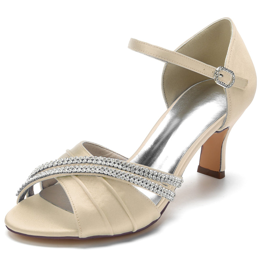 Damen Seidensatin mit Strass Knöchelriemen Peep Toe Spool Heel Party Schuhe