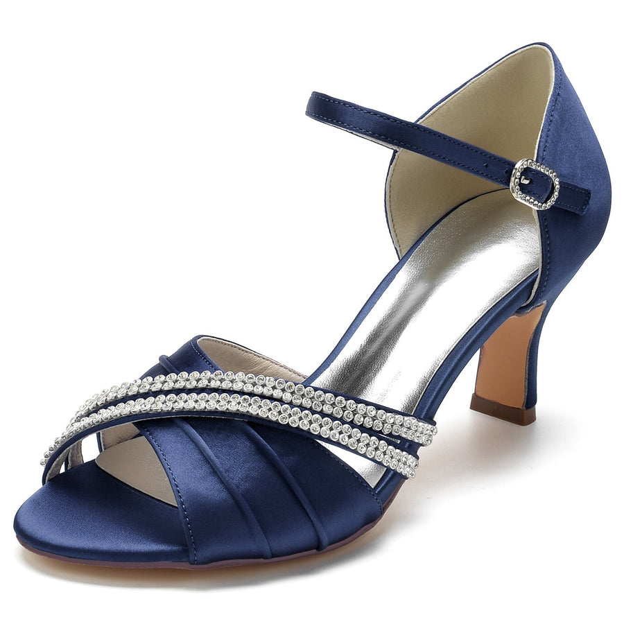 Damen Seidensatin mit Strass Knöchelriemen Peep Toe Spool Heel Party Schuhe