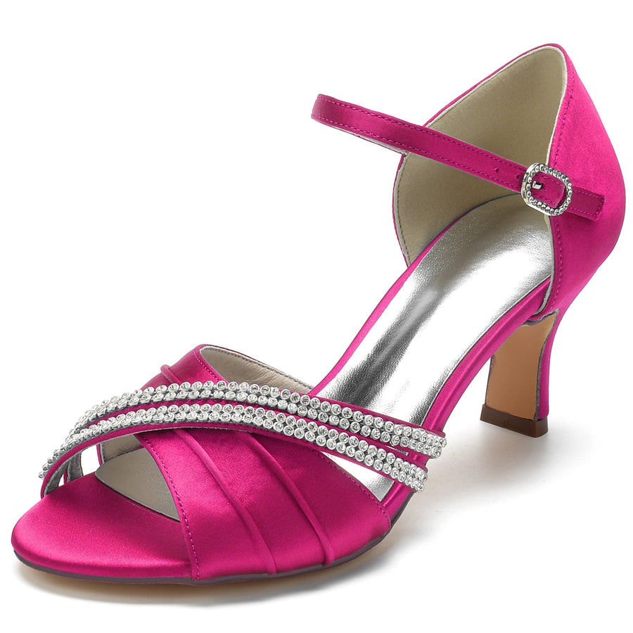 Damen Seidensatin mit Strass Knöchelriemen Peep Toe Spool Heel Party Schuhe