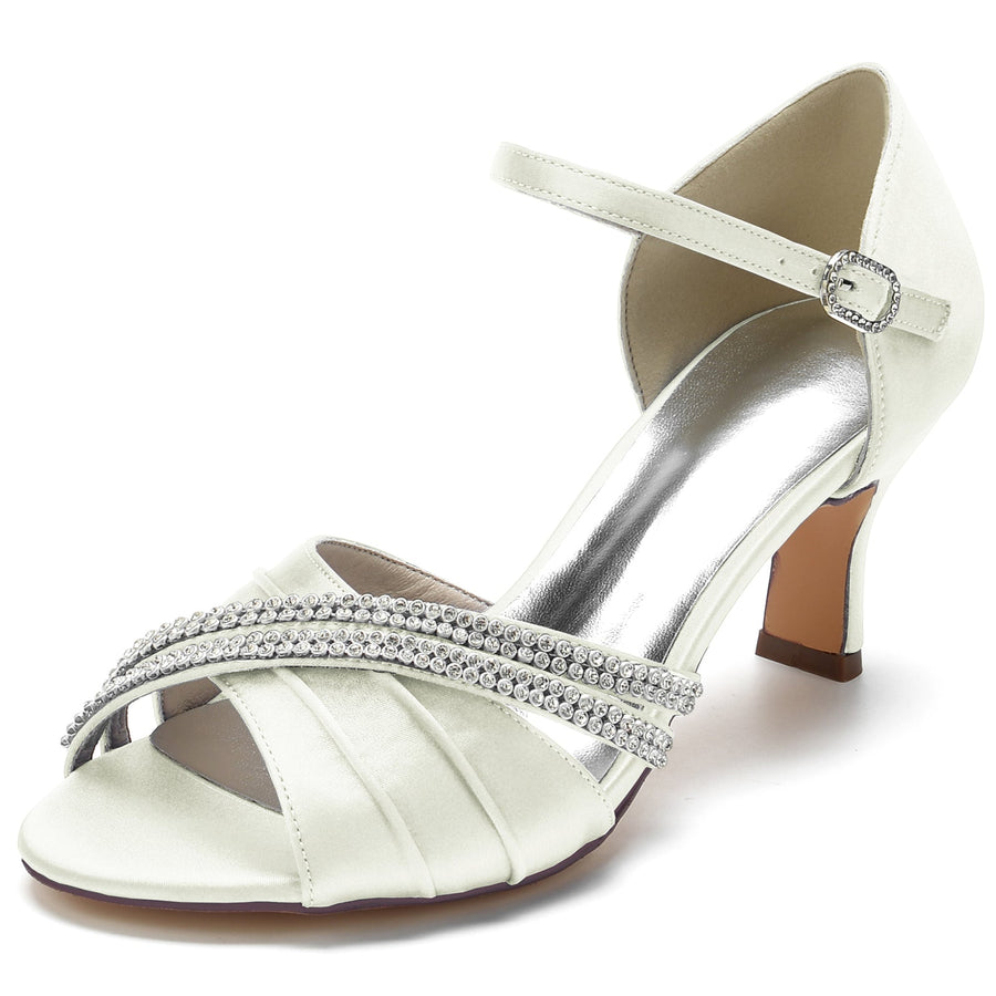 Damen Seidensatin mit Strass Knöchelriemen Peep Toe Spool Heel Party Schuhe