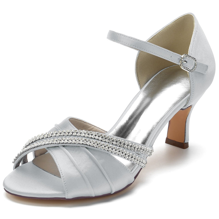 Damen Seidensatin mit Strass Knöchelriemen Peep Toe Spool Heel Party Schuhe