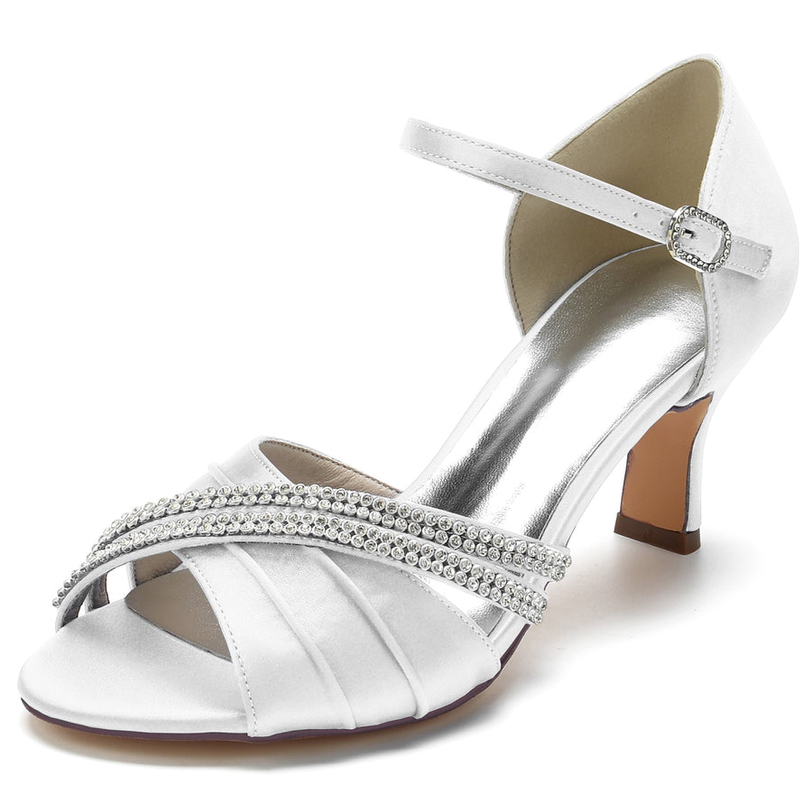 Damen Seidensatin mit Strass Knöchelriemen Peep Toe Spool Heel Party Schuhe