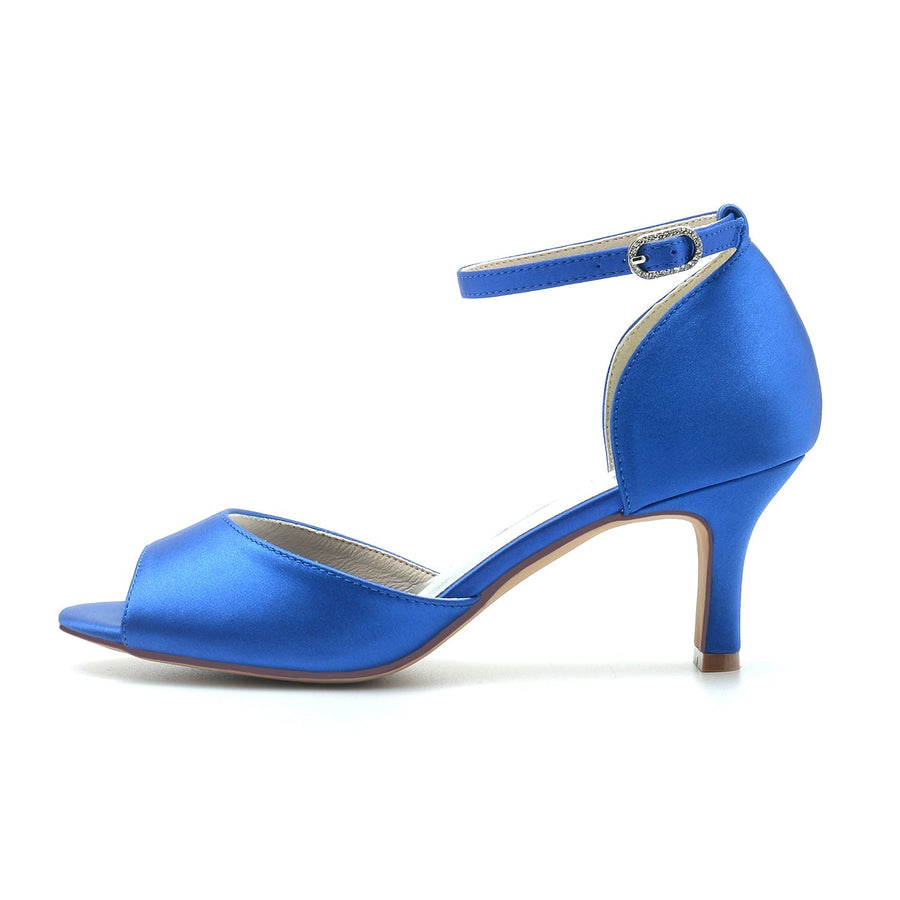 Damen Seidensatin mit Knöchelriemen Peep Toe Spool Heel Brautschuhe