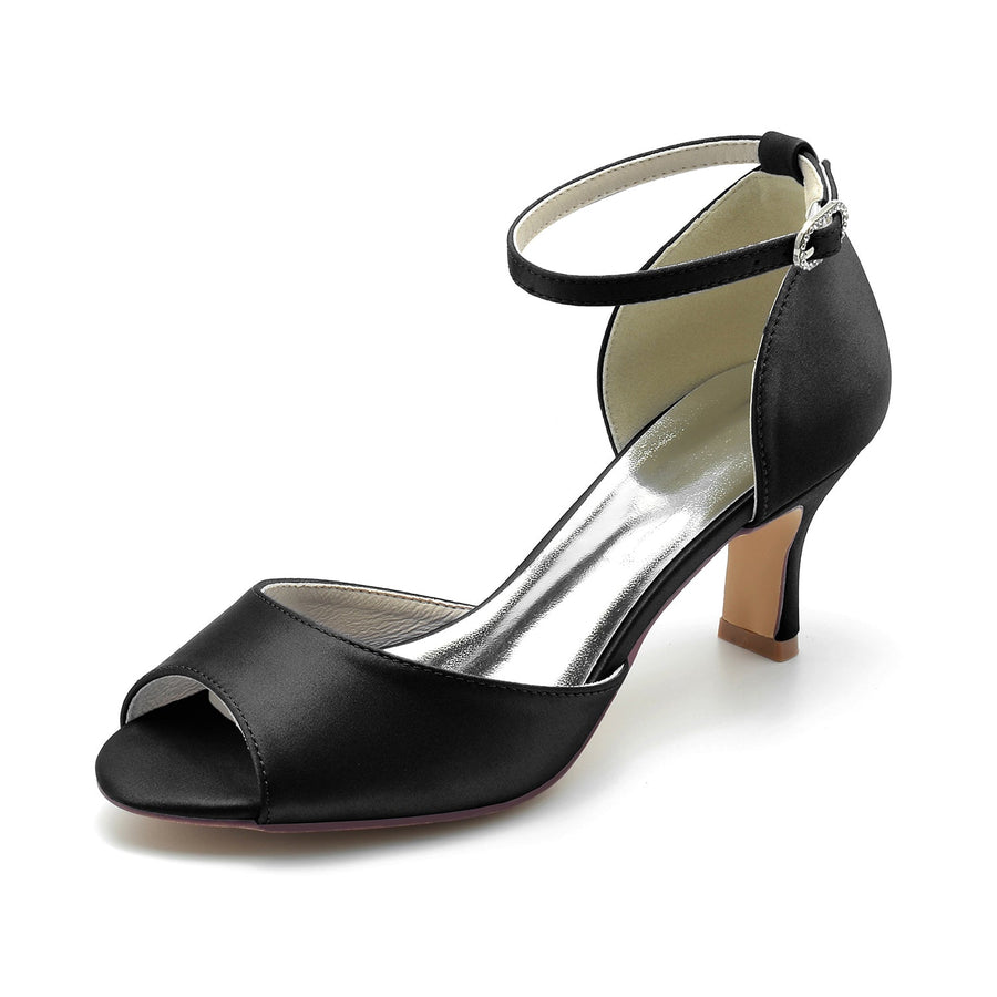 Damen Seidensatin mit Knöchelriemen Peep Toe Spool Heel Brautschuhe