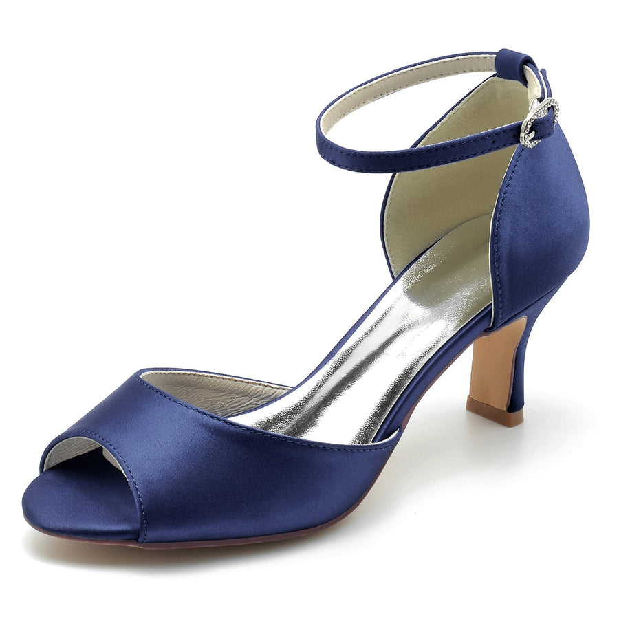 Damen Seidensatin mit Knöchelriemen Peep Toe Spool Heel Brautschuhe