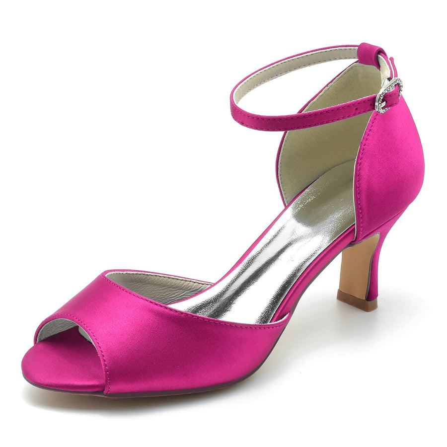 Damen Seidensatin mit Knöchelriemen Peep Toe Spool Heel Brautschuhe