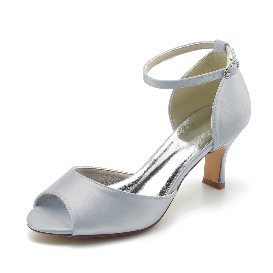 Damen Seidensatin mit Knöchelriemen Peep Toe Spool Heel Brautschuhe