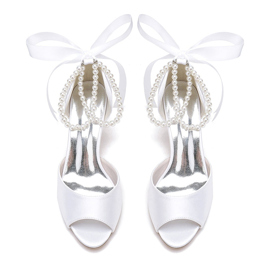 Damen Seidensatin Mit Knöchelriemen Schnürung Perle Peep Toe Spool Heel Party Schuhe