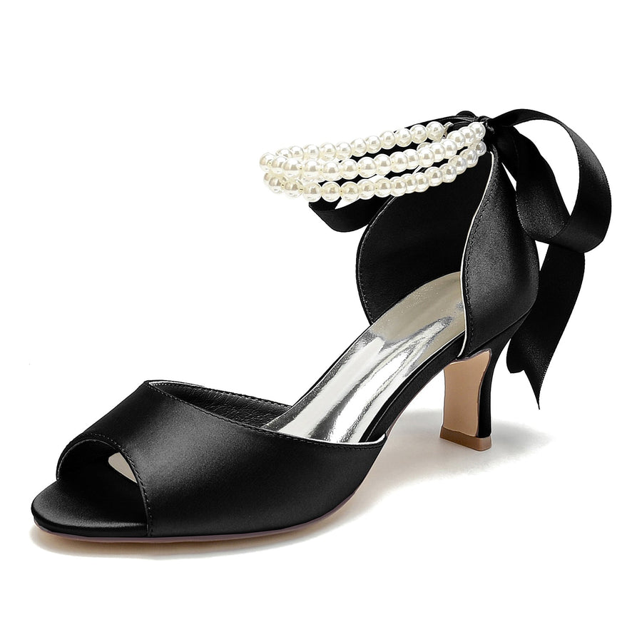 Damen Seidensatin Mit Knöchelriemen Schnürung Perle Peep Toe Spool Heel Party Schuhe