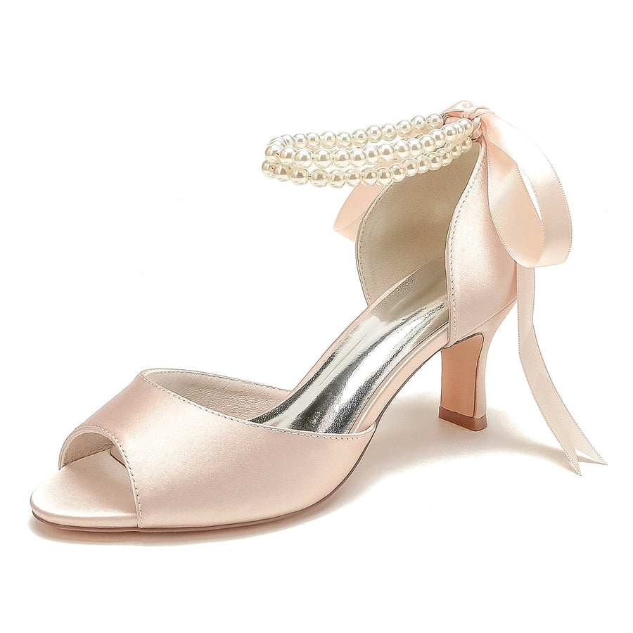 Damen Seidensatin Mit Knöchelriemen Schnürung Perle Peep Toe Spool Heel Party Schuhe
