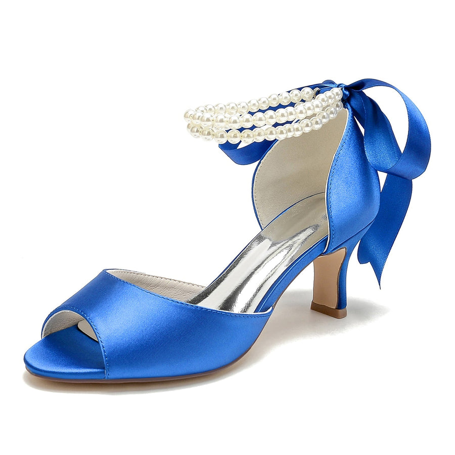 Damen Seidensatin Mit Knöchelriemen Schnürung Perle Peep Toe Spool Heel Party Schuhe