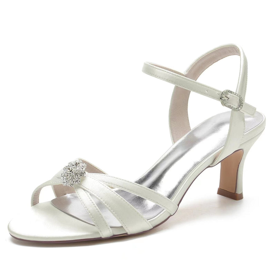 Damen Seidensatin mit Knöchelriemen Strass Peep Toe Spool Heel Brautschuhe
