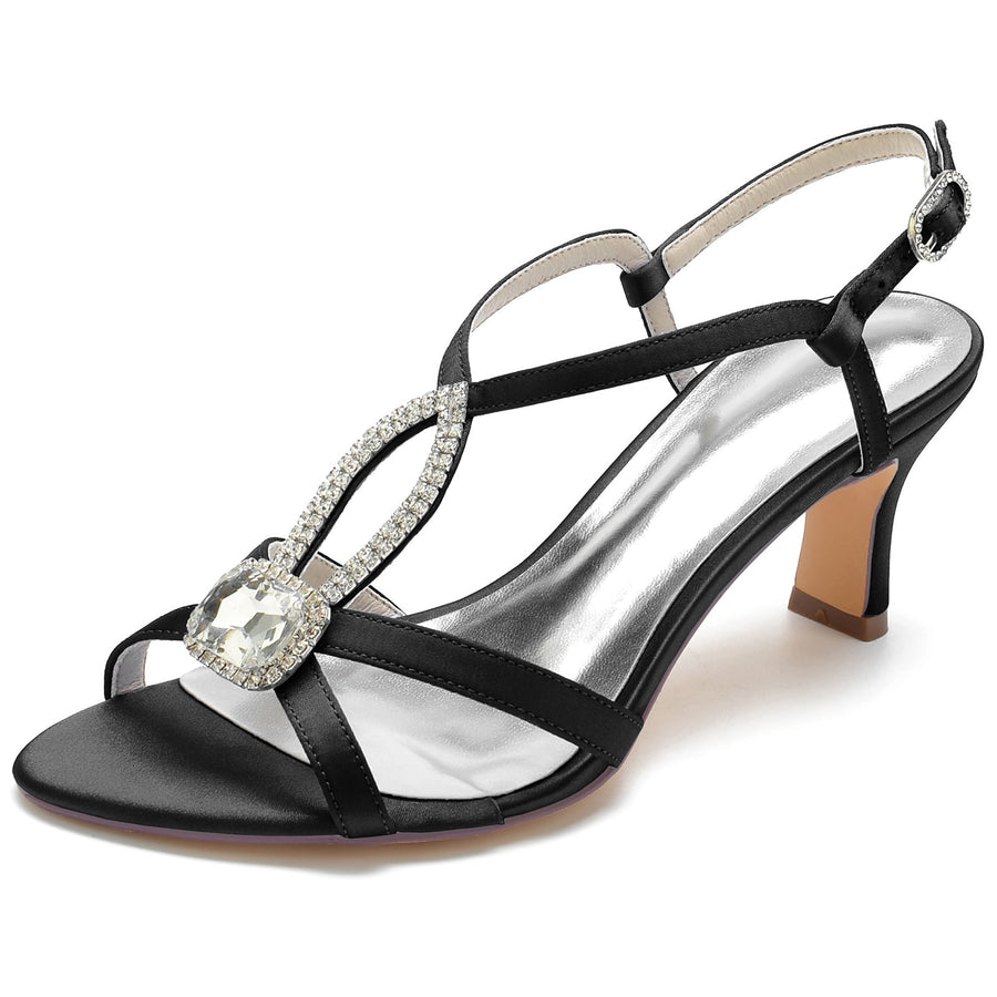 Damen Seidensatin mit Strass Knöchelriemen Peep Toe Spool Heel Brautschuhe
