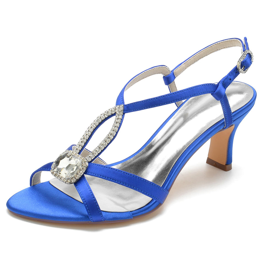Damen Seidensatin mit Strass Knöchelriemen Peep Toe Spool Heel Brautschuhe