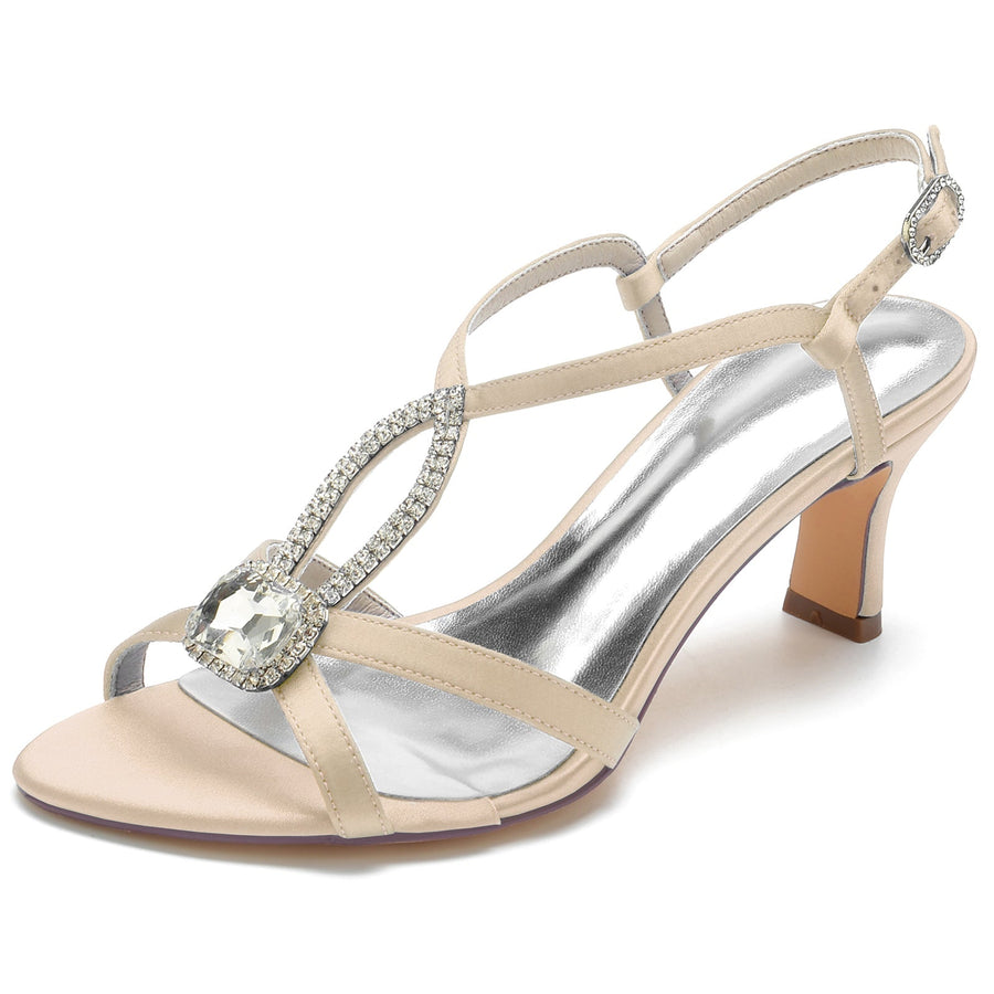 Damen Seidensatin mit Strass Knöchelriemen Peep Toe Spool Heel Brautschuhe