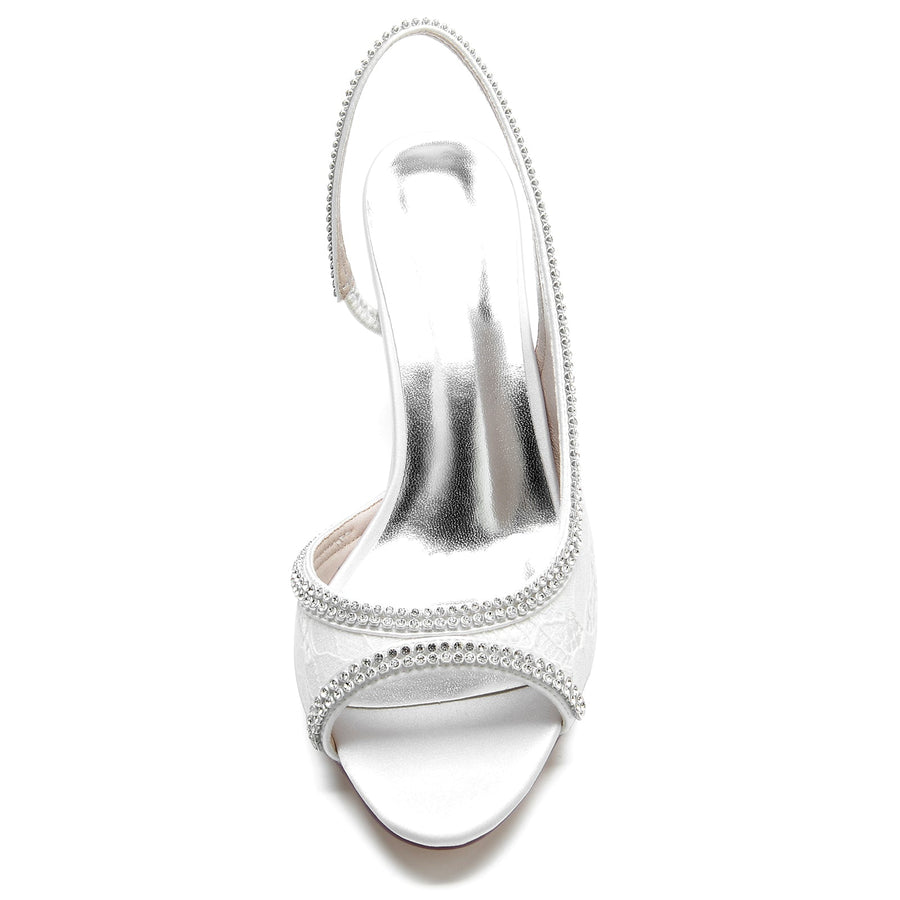 Damen Seidensatin mit Spitze Strass Peep Toe Spool Heel Abendschuhe