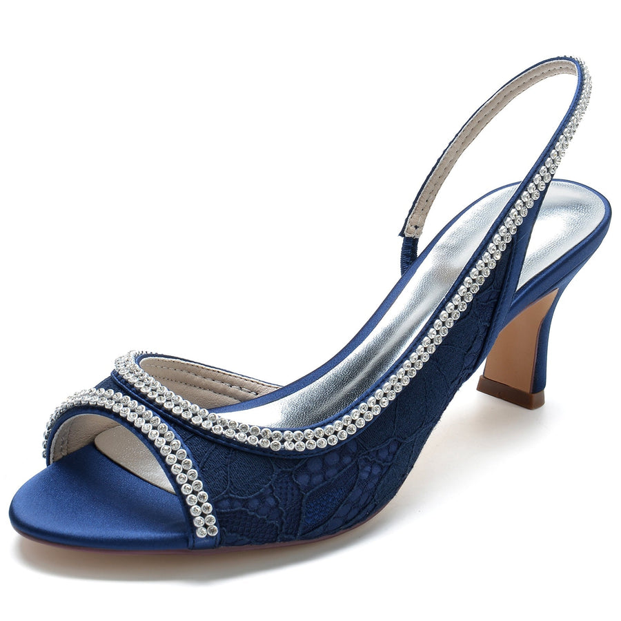 Damen Seidensatin mit Spitze Strass Peep Toe Spool Heel Abendschuhe
