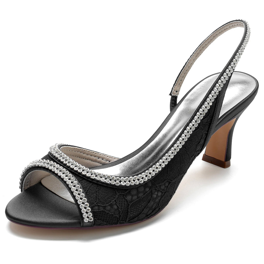 Damen Seidensatin mit Spitze Strass Peep Toe Spool Heel Abendschuhe