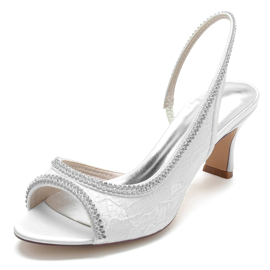 Damen Seidensatin mit Spitze Strass Peep Toe Spool Heel Abendschuhe