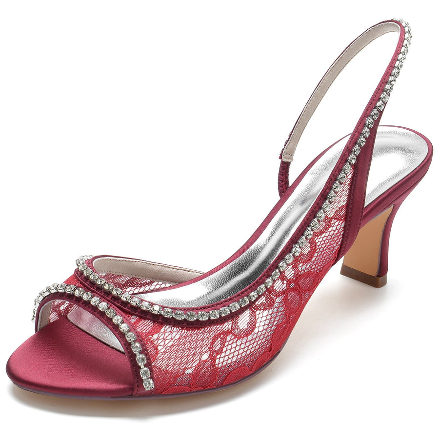 Damen Seidensatin mit Spitze Strass Peep Toe Spool Heel Brautschuhe