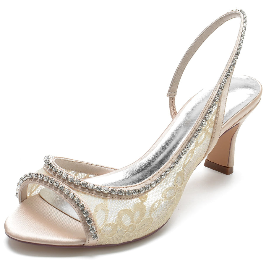 Damen Seidensatin mit Spitze Strass Peep Toe Spool Heel Brautschuhe