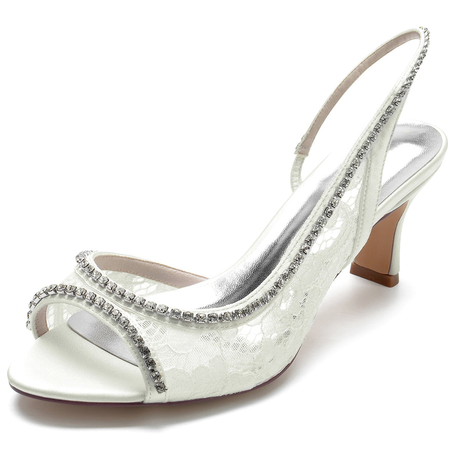 Damen Seidensatin mit Spitze Strass Peep Toe Spool Heel Brautschuhe