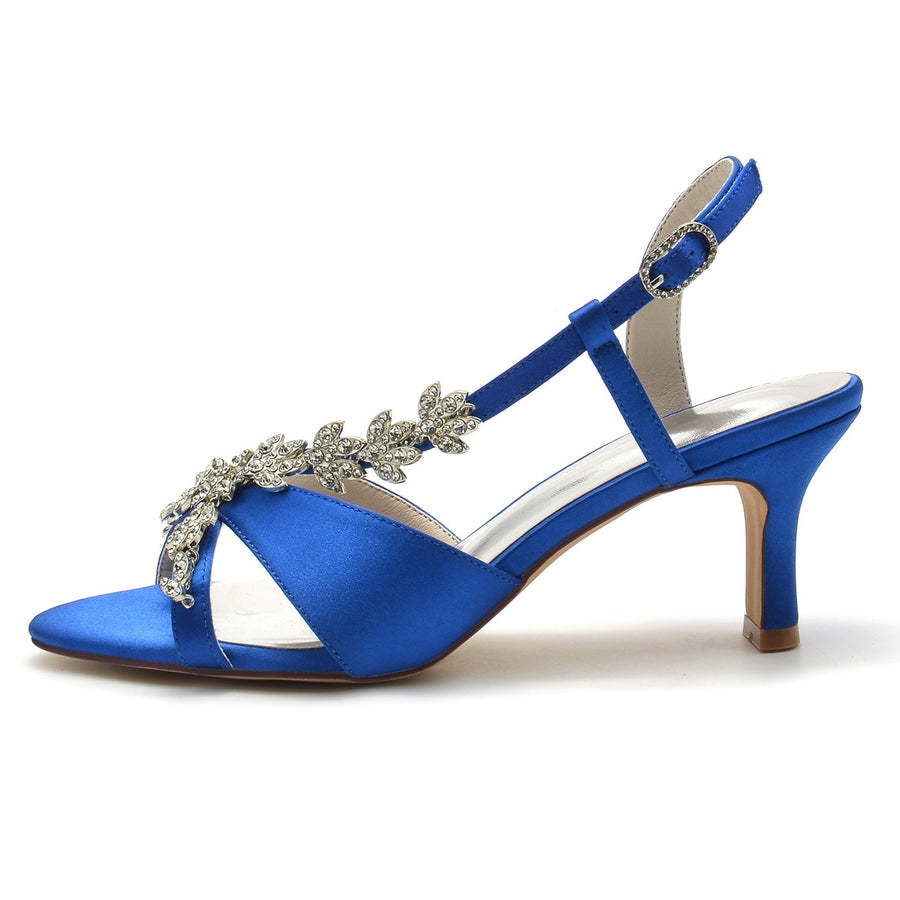 Damen Seidensatin Mit Knöchelriemen Strass Peep Toe Spool Heel Party Schuhe