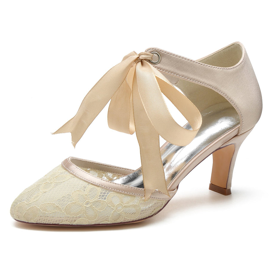 Damen Spitze Seidensatin Mit Knöchelriemen Geschlossene Zehenpartie Spool Heel Brautschuhe