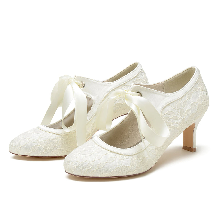 Damen Spitze Seidensatin Mit Spitze Schnürung Geschlossene Zehenpartie Spool Heel Party Schuhe