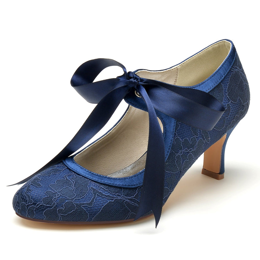 Damen Spitze Seidensatin Mit Spitze Schnürung Geschlossene Zehenpartie Spool Heel Party Schuhe