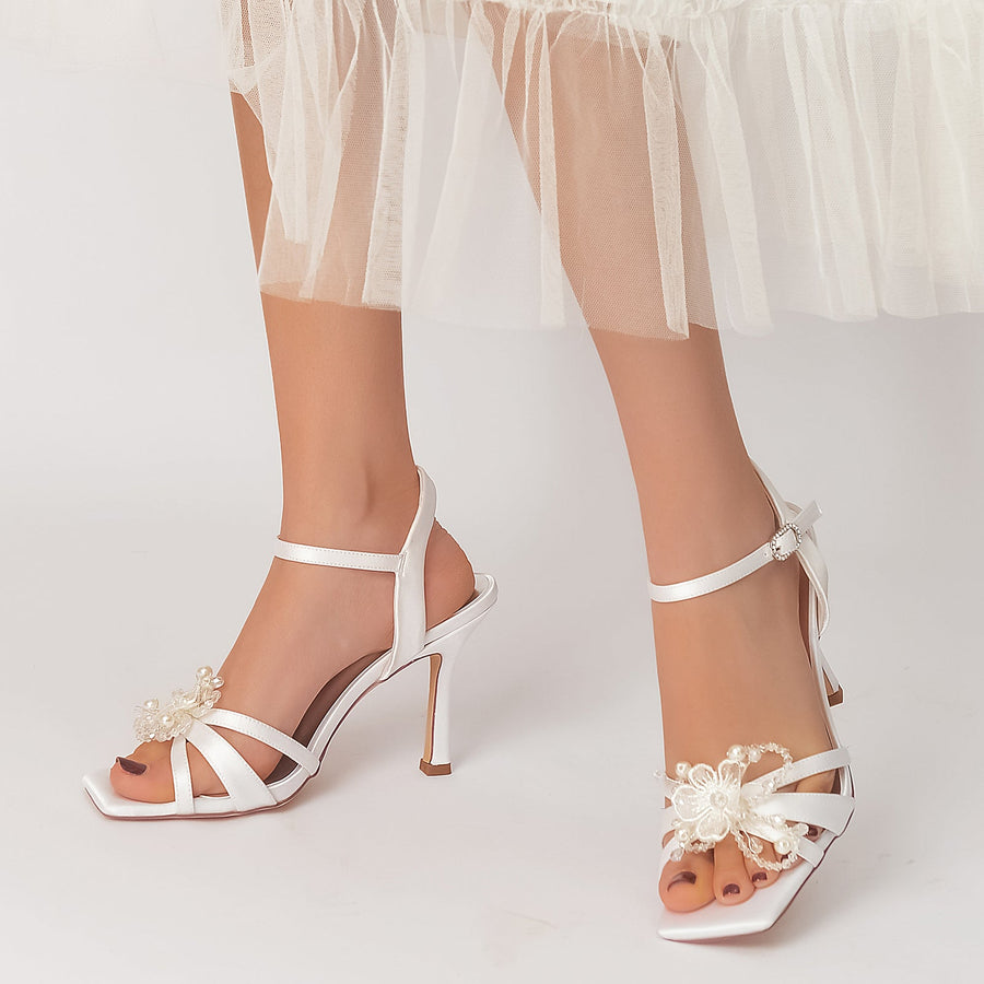 Damen Seidensatin Mit Knöchelriemen Peep Toe Stiletto Absatz Strass Abendschuhe