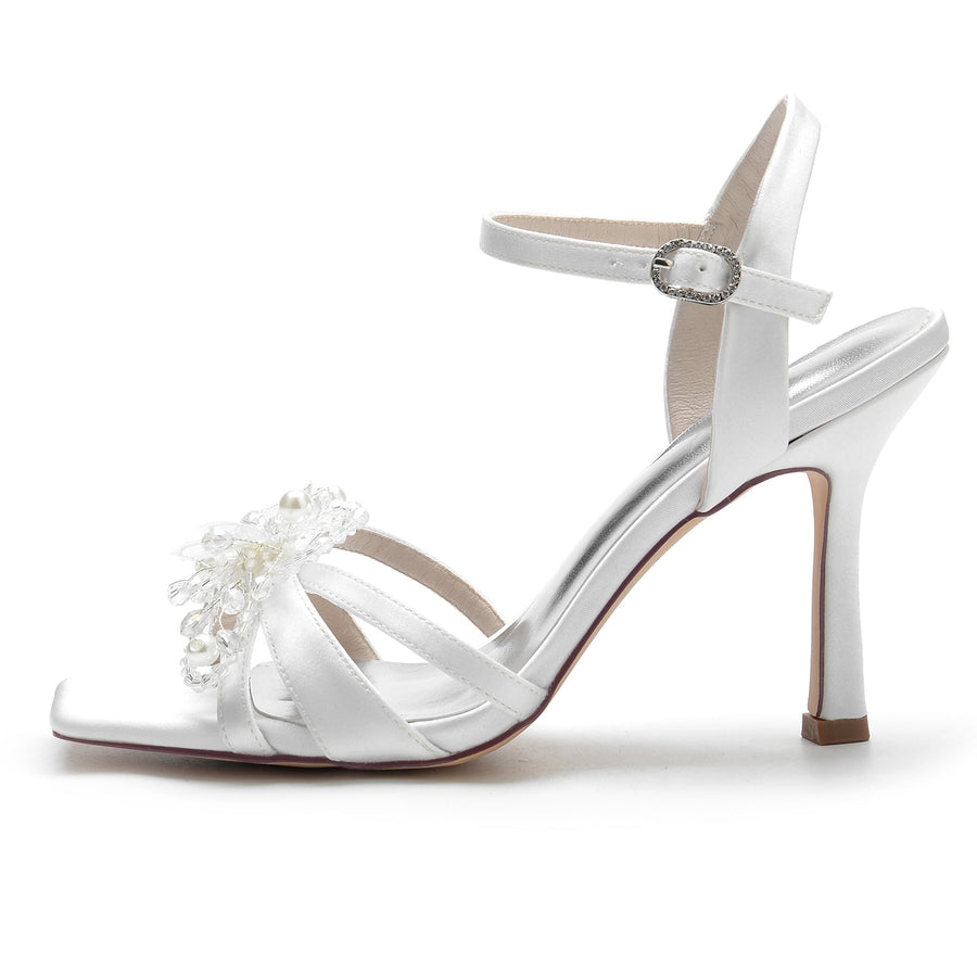 Damen Seidensatin Mit Knöchelriemen Peep Toe Stiletto Absatz Strass Abendschuhe