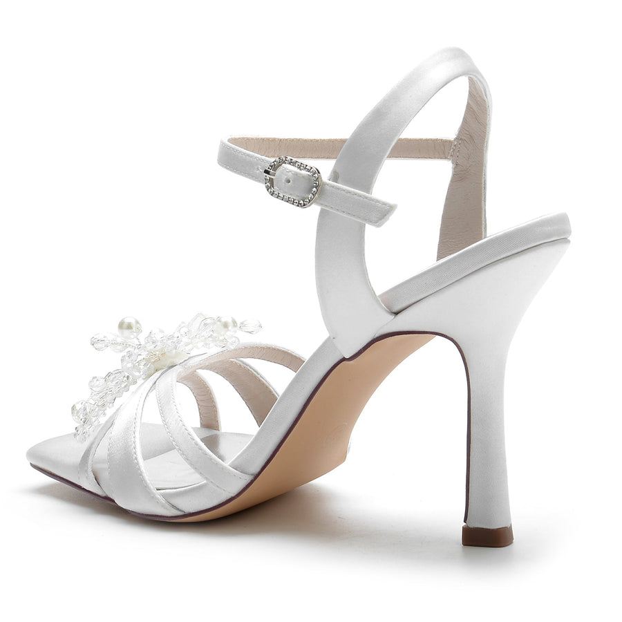 Damen Seidensatin Mit Knöchelriemen Peep Toe Stiletto Absatz Strass Abendschuhe
