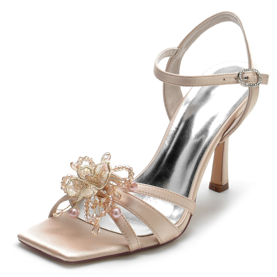 Damen Seidensatin Mit Knöchelriemen Peep Toe Stiletto Absatz Strass Abendschuhe