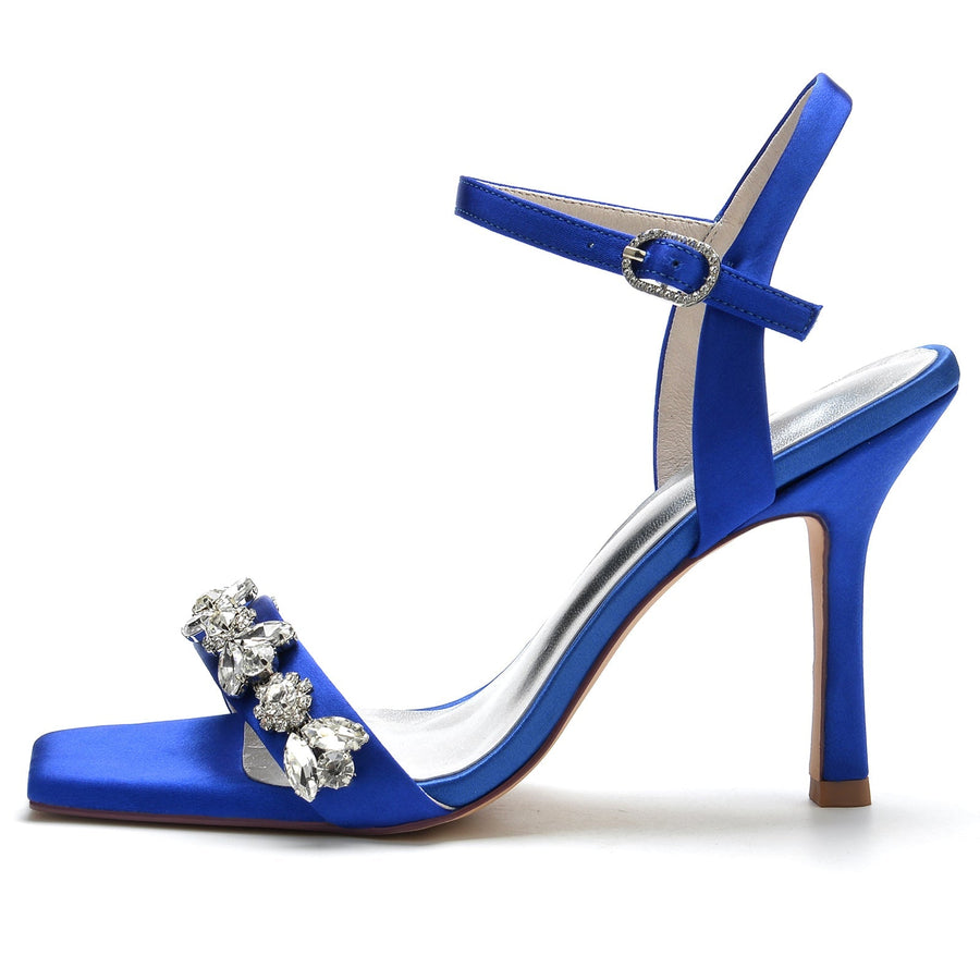 Damen Seidensatin mit Strass Peep Toe Knöchelriemen Stilettoabsatz Abendschuhe