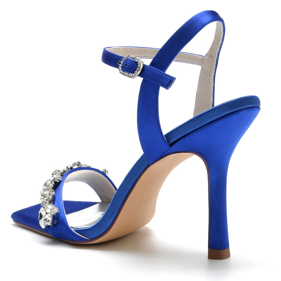 Damen Seidensatin mit Strass Peep Toe Knöchelriemen Stilettoabsatz Abendschuhe